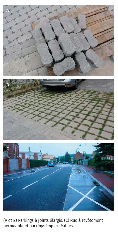 Perméabilité : parkings à joints élargis et Rue à revêtement perméable et parkings imperméables.